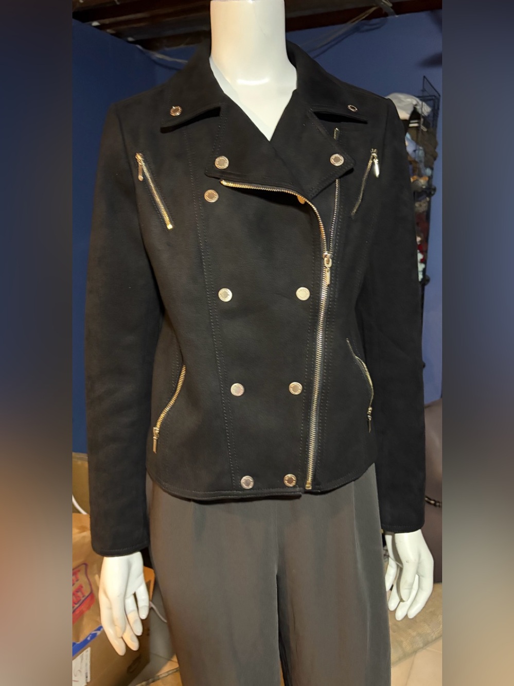 White House Black Market Black Microfiber Zip Moto Biker Jacket Pockets Size 6